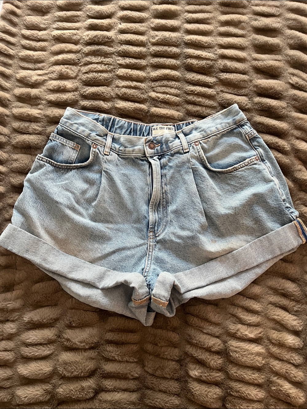 We The Free Light Blue High Rise Rolled Hem Denim Shorts